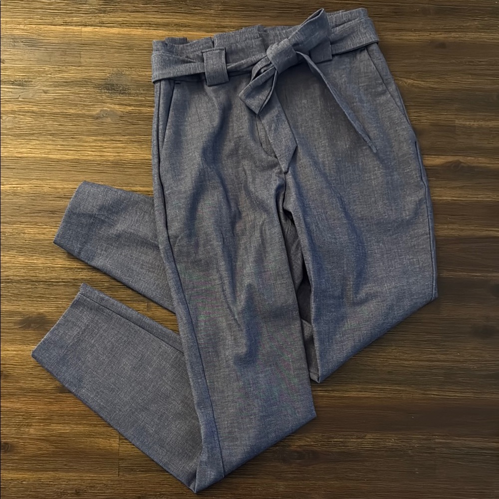 Express Heather Blue High Rise Paper Bag Waist Ankle Pants 4 Long